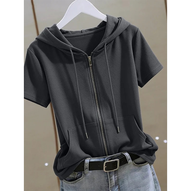 Women'S Fashion Zip Up Hoodies - هودي نسائي صيفي بأكمام قصيرة، مصنوع