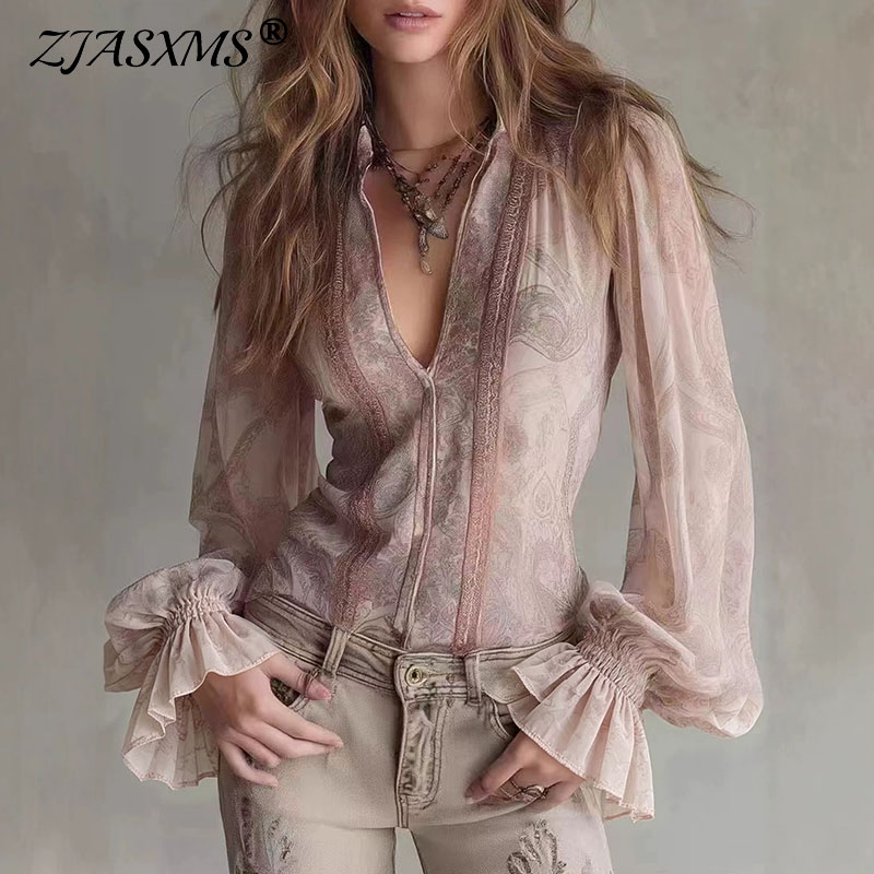 Wrap Blouse Chiffon - بلوزات شفافة مطبوعة بتصميم ريترو للنساء،