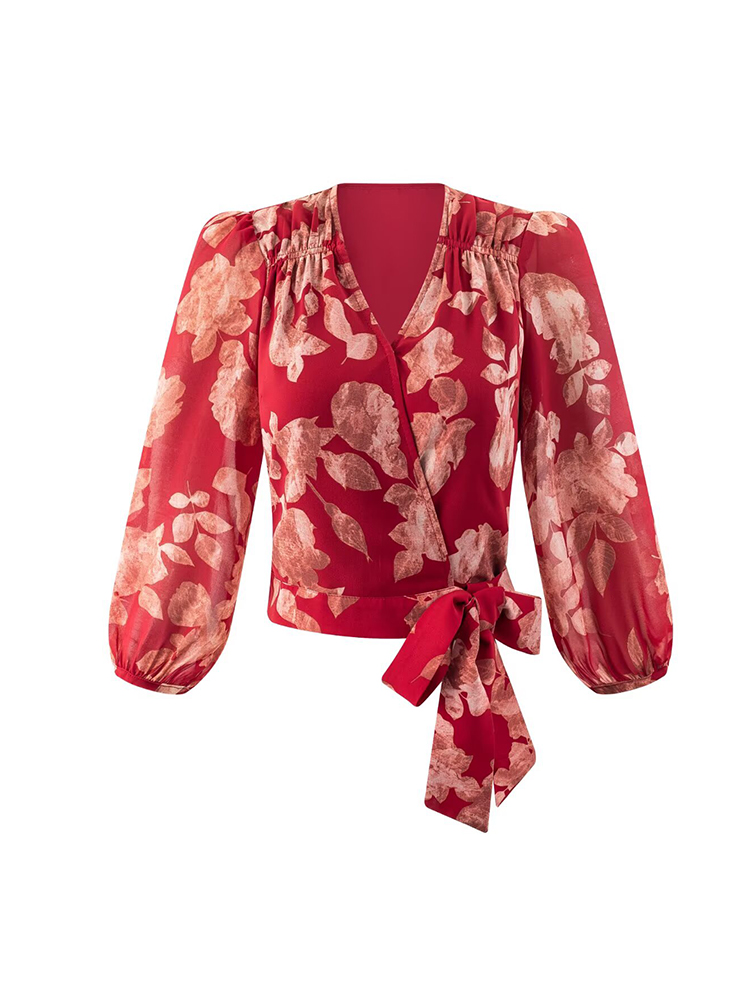 Wrap Blouse Chiffon - المرأة الخامس الرقبة التفاف ضمادة البلوزات