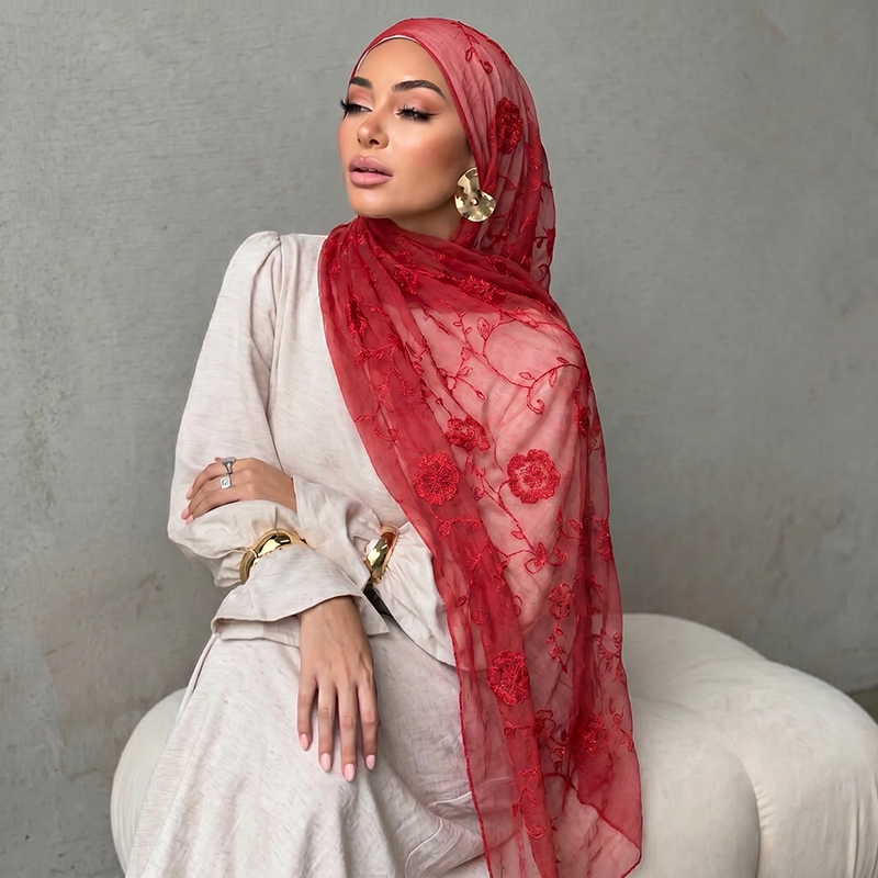 Women Fashion Wear - حجاب إسلامي مطرز بالزهور، وشاح شفاف